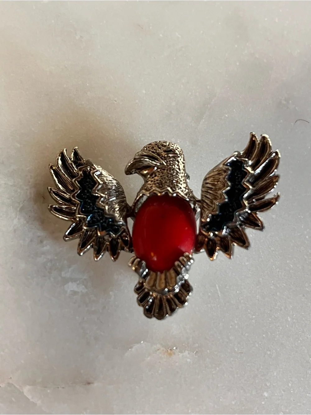 Vintage Gerry's Eagle Brooch Pin Silver Tone Faux Coral Red Cabochon